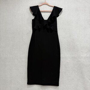 Antonio Melani Dress Womens 4 Black Ruffle V Neck Sheath Midi Lined Cocktail
